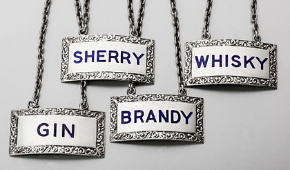 Cast Sterling Silver & Enamel Wine Labels (Set of 4) - Whisky, Brandy, Sherry, Gin